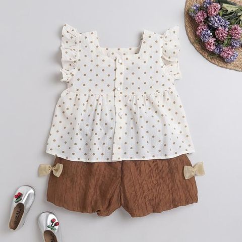 Girls Off-White and Brown Embroidered Blouse and Short Set