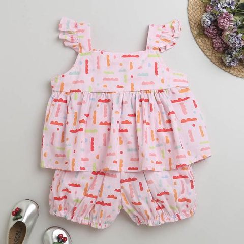 Girls Sky Pink Solid Blouse and Short Set