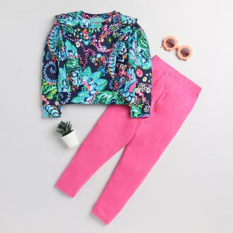 Girls Pink n Blue Floral Print Top and Jogger Set